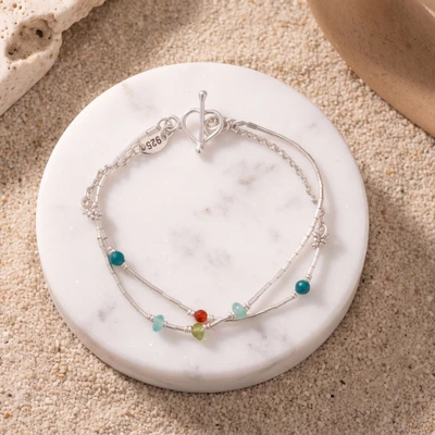 Multi-gemstone station bracelet, 'Ocean Beams' - Sterling Silver Two-Strand Natural Multi-Gemstone Bracelet