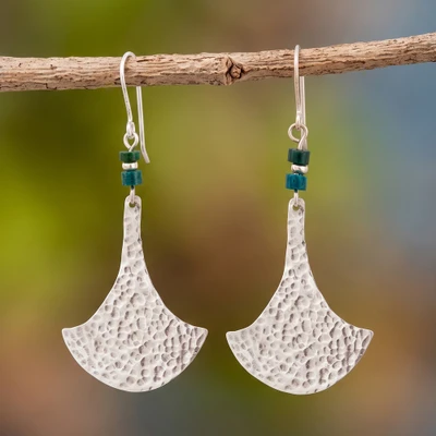 Chrysocolla dangle earrings, 'Inca Pendulum' - Pendulum-Themed Textured Chrysocolla Silver Dangle Earrings