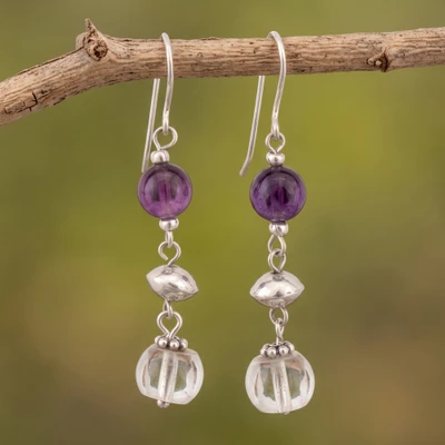 Amethyst and quartz dangle earrings, 'Violet Constellation' - Silver Dangle Earrings with Amethyst and Clear Quartz Stones