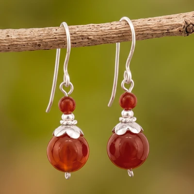 Agate dangle earrings, 'Crimson Pretty' - Double Ball-Themed Agate and Sterling Silver Dangle Earrings