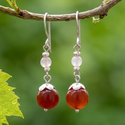 Agate and rose quartz dangle earrings, 'Fiery Moon' - Silver Dangle Earrings with Round Agate Rose Quartz Stones