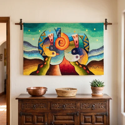 Alpaca blend tapestry, 'Spring Awakening' - Bird Geometric-Themed Hand-Loomed Alpaca Blend Tapestry