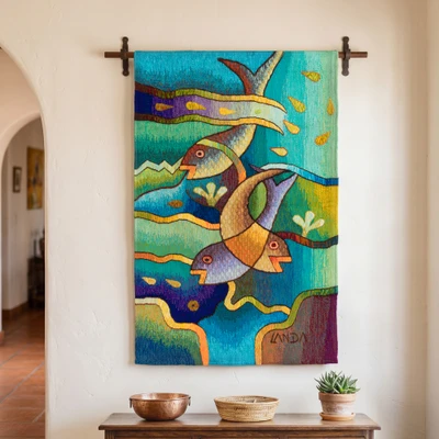 Alpaca blend tapestry, 'Voices in the Water' - Alpaca Blend Tapestry with Fish Design Handwoven in Peru