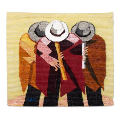 Wool tapestry, 'Quena Flute Players' - Handcrafted Music Themed Wool Tapestry from Peru