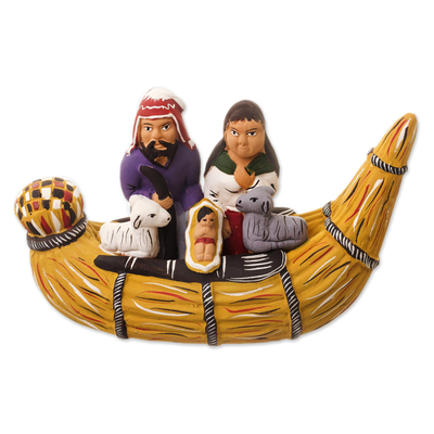 Unique Nativity Scene Ceramic Sculpture - Nativity in a Canoe | NOVICA