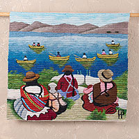 Wool tapestry, 'Women Farmers at Lake Titicaca' - Wool tapestry