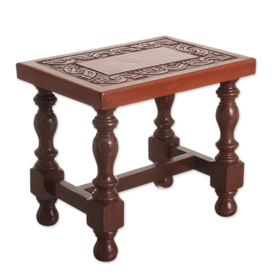 Hand Crafted Wood and Leather Brown Accent Table
