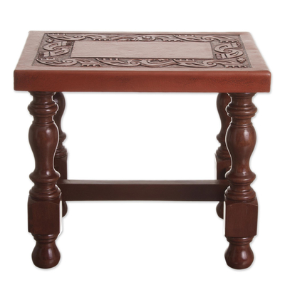 Wood and leather mini side table, 'Inca' - Hand Crafted Wood and Leather Brown Accent Table