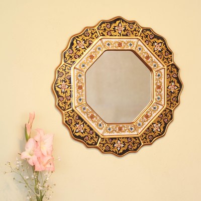 Reverse painted glass mirror, 'Black Star' - Hand Made Reverse Painted Glass Mirror