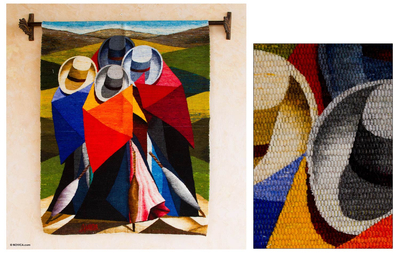 Wool tapestry, 'Cubist Women' - Peruvian Cultural Wool Tapestry Wall Hanging
