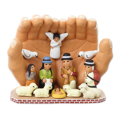 Ceramic sculpture, 'Peace Nativity' - Hands of God Maqui Nativity Scene Peruvian Art