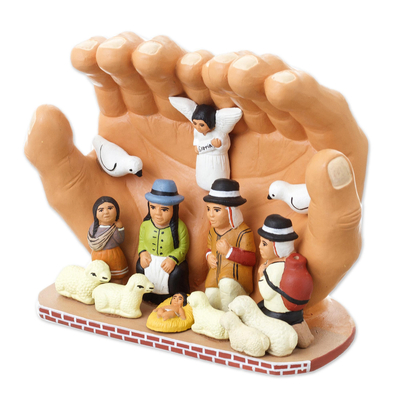 Ceramic sculpture, 'Peace Nativity' - Hands of God Maqui Nativity Scene Peruvian Art