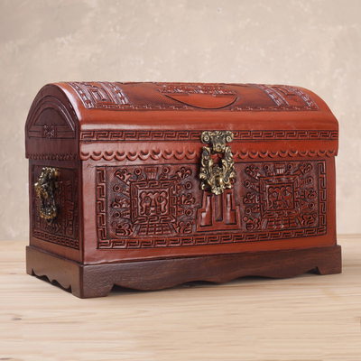 Wood and leather chest, 'Tumi Ceremony' - Handcrafted Wood and Leather Decorative Box with Bronze