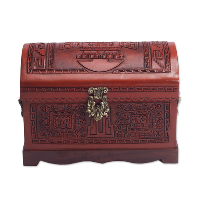 Truhe aus Zedernholz und Leder, 'Tumi Ceremony' - Handgefertigte dekorative Schachtel aus Zedernholz und Leder mit Bronze