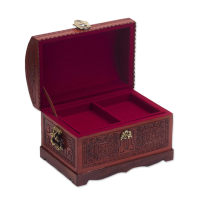 Truhe aus Zedernholz und Leder, 'Tumi Ceremony' - Handgefertigte dekorative Schachtel aus Zedernholz und Leder mit Bronze