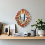 Reverse painted glass wall mirror, 'Floral Crimson' - Unique Red and Gold Reverse Painted Glass Wall Mirror