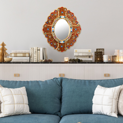 Espejo de pared de vidrio pintado al revés - Exclusivo espejo de pared de vidrio pintado al revés rojo y dorado