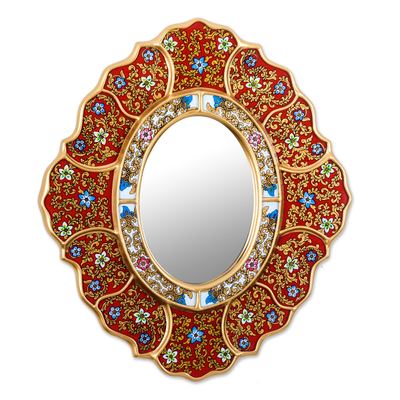 Reverse painted glass wall mirror, 'Floral Crimson' - Unique Red and Gold Reverse Painted Glass Wall Mirror