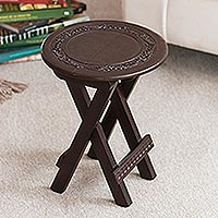 Mahogany and leather folding table, 'Garland' - Collectible Mahogany Leather Folding Accent Table