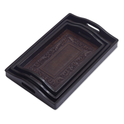 Cedar and leather trays, 'Collector' (set of 3) - Unique Leather and Wood Serving Trays (Set of 3)