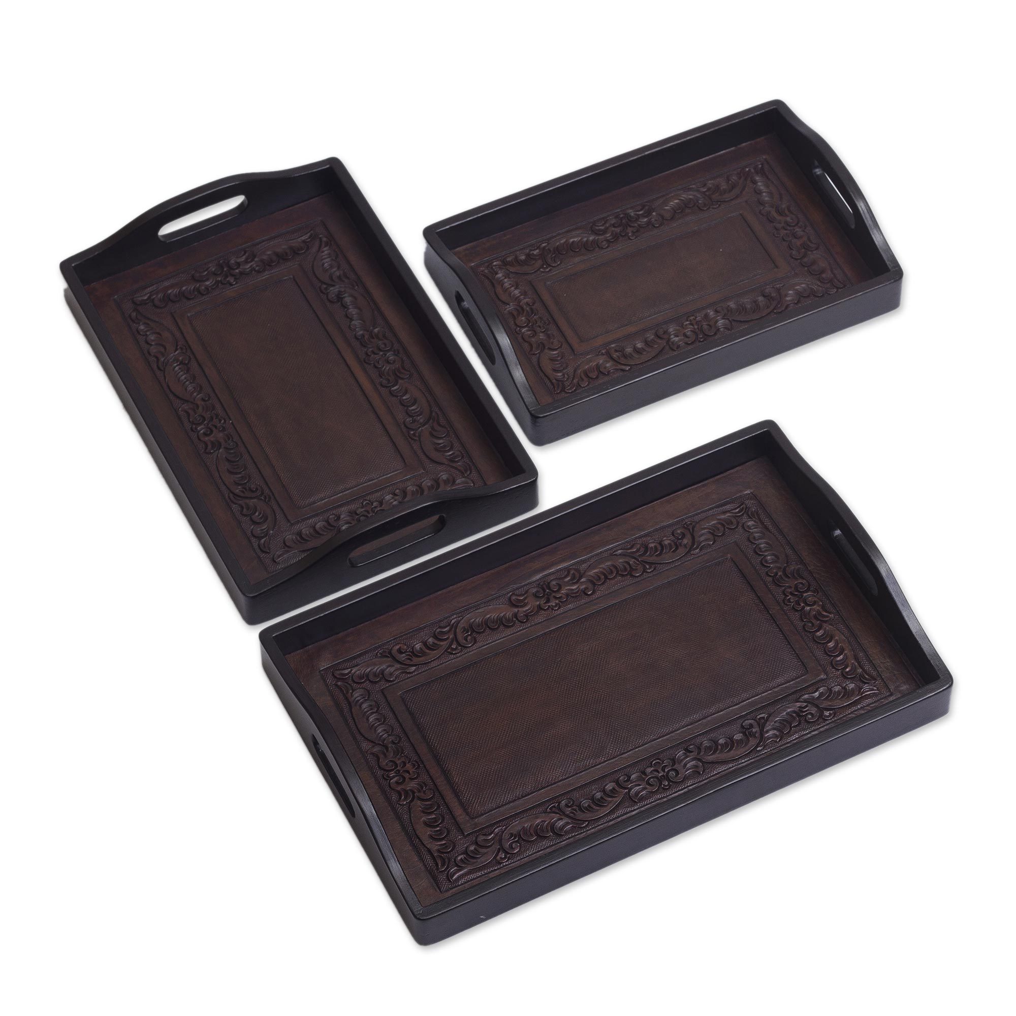 Unique Leather and Wood Serving Trays (Set of 3) Collector NOVICA