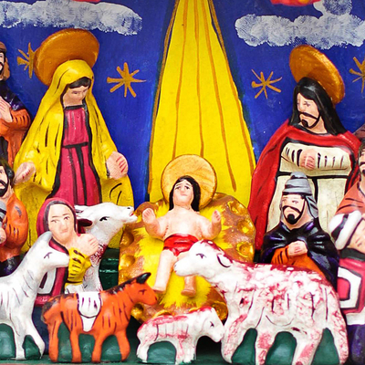 Retablo, 'Celebrating the Birth' - Peruvian Folk Art Wood Retablo