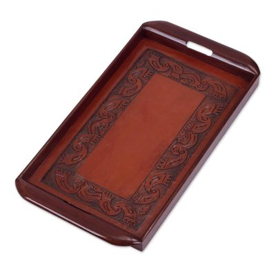 Cedar and leather tray, 'Inca' - Cedar and leather tray