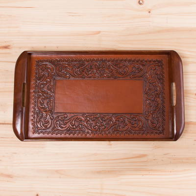 Tooled leather tray, 'Spanish Ivy' - Peruvian Leather Wood Tray Serveware