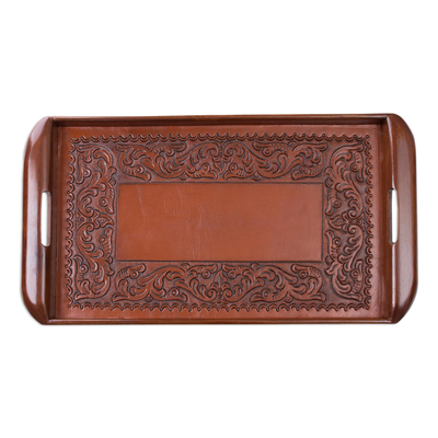 Bearbeitetes Ledertablett - Tablett-Serviergeschirr aus peruanischem Leder und Holz