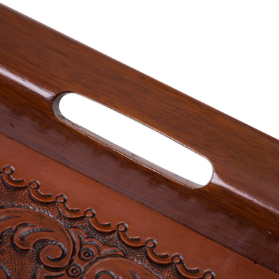 Tooled leather tray, 'Spanish Ivy' - Peruvian Leather Wood Tray Serveware