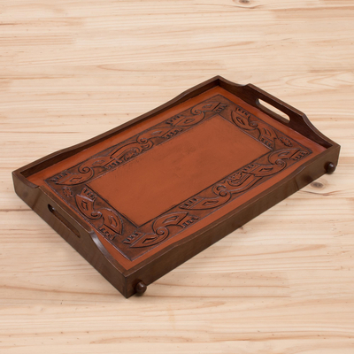 Wood and leather tray, 'Inca Romance' - Leather and Wood Folding Tray Handmade in Peru