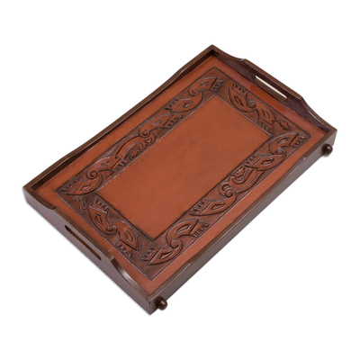 Wood and leather tray, 'Inca Romance' - Leather and Wood Folding Tray Handmade in Peru