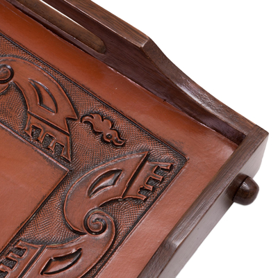 Tablett aus Holz und Leder, „Inca Romance“ - Klapptablett aus Leder und Holz, handgefertigt in Peru