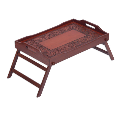 Cedar and leather tray, 'Breakfast in Bed' - Hand Tooled Leather Cedar Tray Serveware from Peru