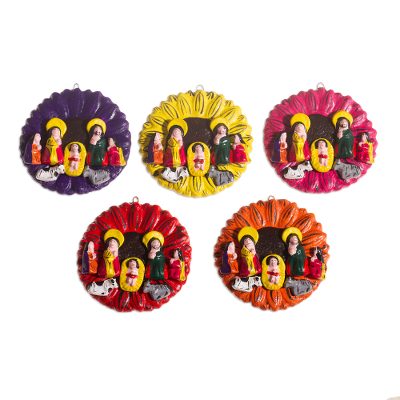 Ornaments, 'Flowers' (set of 5) - Handmade Christmas Ceramic Ornament (Set of 5)