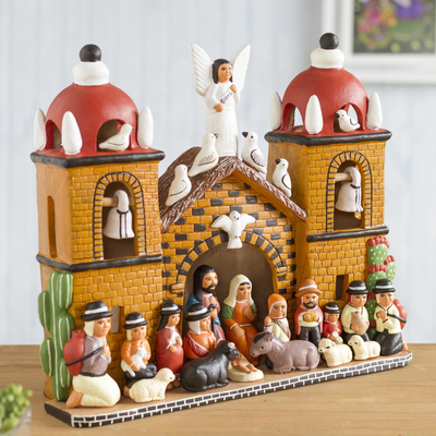 Ceramic nativity scene, 'Central Church' - Intricate Ceramic Church Nativity Scene Sculpture