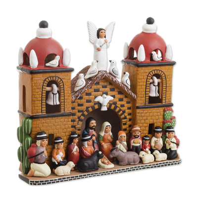 Ceramic nativity scene, 'Central Church' - Intricate Ceramic Church Nativity Scene Sculpture