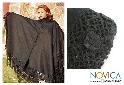 Alpaca blend poncho, 'Black Floral Elegance' - Alpaca Wool Poncho
