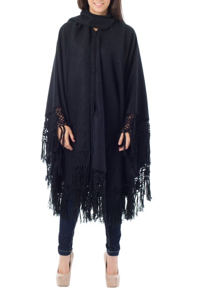 Alpaca blend poncho, 'Black Floral Elegance' - Alpaca Wool Poncho