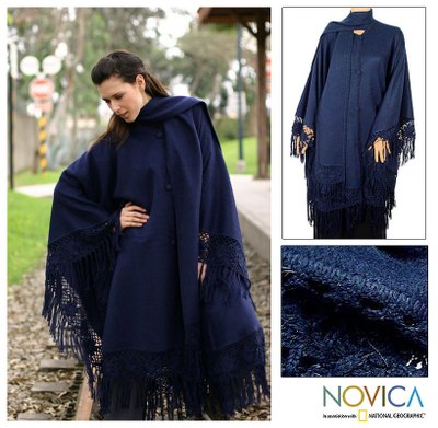 Alpaca blend poncho, 'Ocean Spell' - Fair Trade Alpaca Wool Blend Poncho from Peru