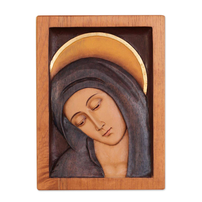 Cedar relief panel, 'Inclined Virgin' - Artisan Crafted Religious Wood Virgin Mary Relief Panel 