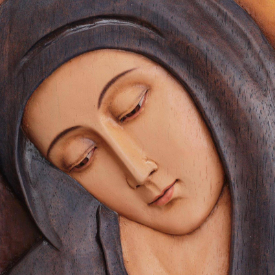 Reliefplatte aus Zedernholz - Kunsthandwerklich gefertigte Relieftafel der Jungfrau Maria aus religiösem Holz 