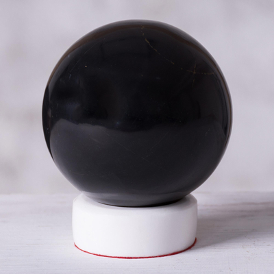 Onyx sphere, 'World of Shadows' - Onyx Sphere Sculpture with Calcite Base