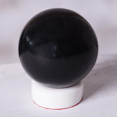 Onyx sphere, 'World of Shadows' - Onyx Sphere Sculpture with Calcite Base