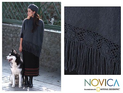 Alpaca blend poncho and hat, 'Princess Grey' - Alpaca Blend Poncho and Hat Set