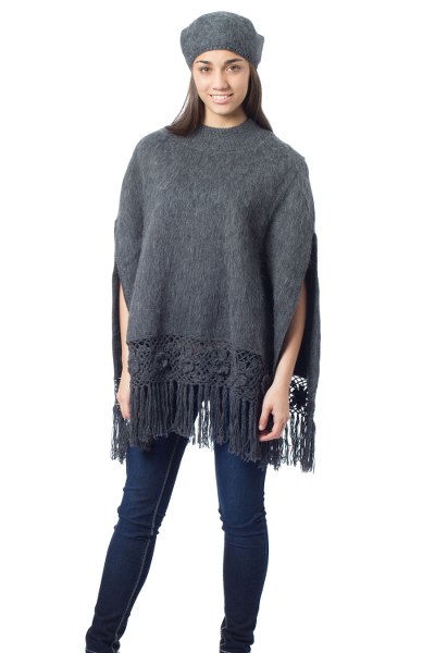 Alpaca blend poncho and hat, 'Princess Grey' - Alpaca Blend Poncho and Hat Set
