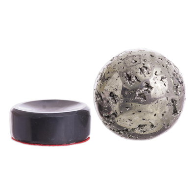 Pyrite sphere, 'Reflections' - Pyrite Sphere Sculpture on Onyx Stand