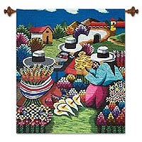 Wool tapestry, 'Flower Sellers' - Hand Crafted Floral Wool Tapestry Wall Hanging
