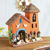 Ceramic nativity scene, 'Birth in the Bell Tower' - Artisan Crafted Nativity Scene Ceramic Sculpture from Peru