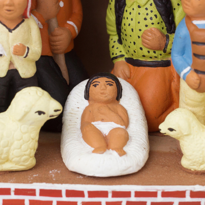 Ceramic nativity scene, 'Birth in the Bell Tower' - Artisan Crafted Nativity Scene Ceramic Sculpture from Peru